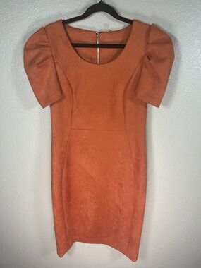 Calvin Klein Rust Orange Puff-Sleeve Midi Sheath Dress